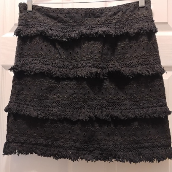 Anthropologie HD in Paris Black Tiered Fringe Eyelet Pencil Mini Skirt Boho - Picture 3 of 4